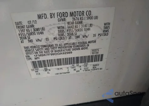 2013 Ford Explorer Limited z USA, uszkodzony, nr VIN 1FM5K7F99DGA92989